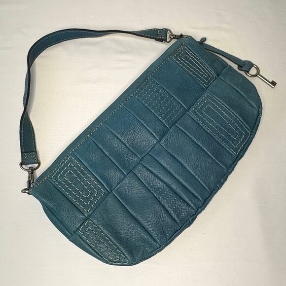 Vintage Y2K Fossil East West Shoulder Bag Blue Denim Stitch Leather Buckle - Picture 3 of 10
